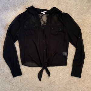 Button down tie-front blouse